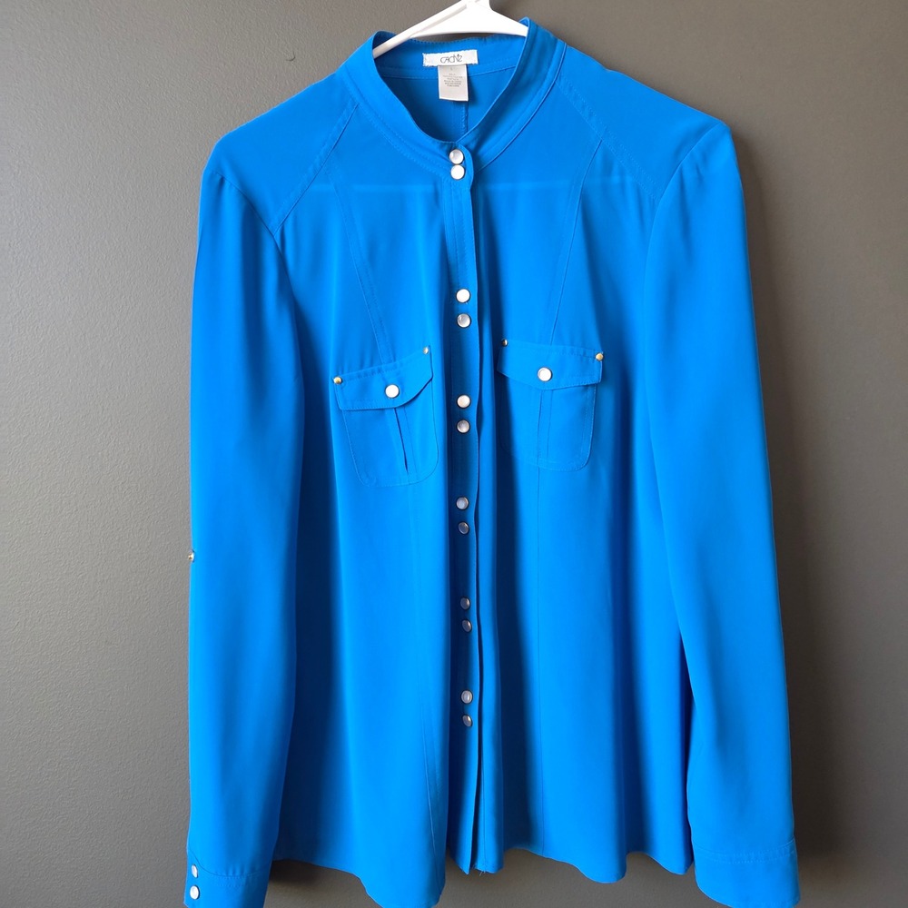 Cache Electric Blue Roll Tab Button Down Blouse Mandarin Collar‎ Sheer Large